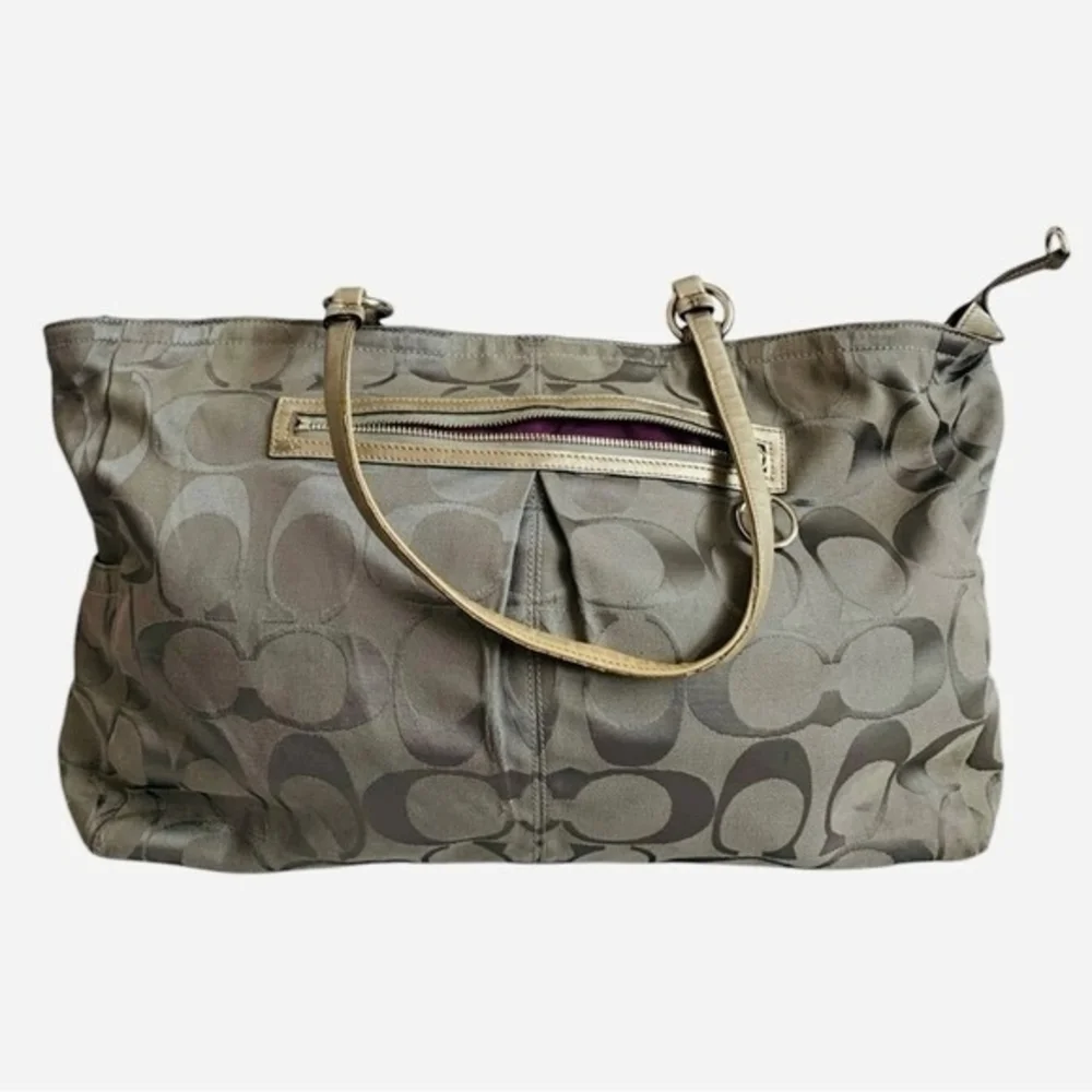 COACH Gabby Signature Tote Grey Silver Canvas Leather Shoulder Bag Good Plus